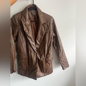 Elegant Brown Faux Leather Women's Blazer